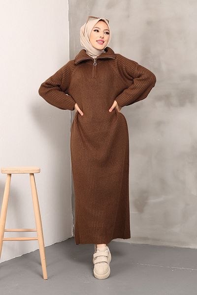 İmajButik Brown Collar Zippered Knitwear Dress
