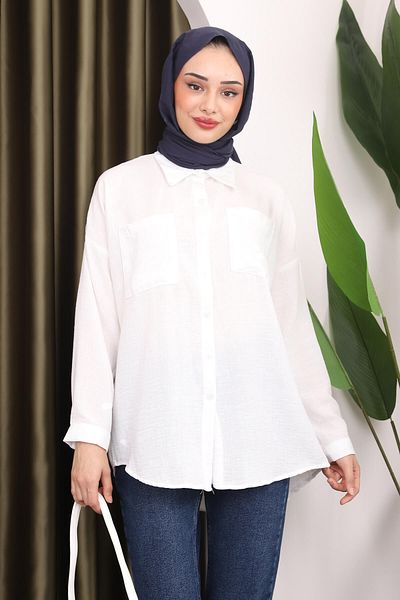 İmajButik Linen Shirt - White and Pocket