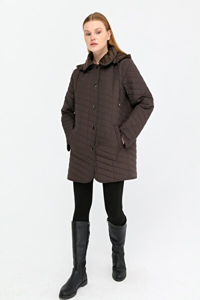 Desen Triko Coffee Color Hooded Striped Quilted Women's Coat
