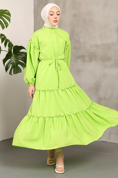 İmajButik Oil Green Sleeve Elastic Skirt Layered Tericotone Dress