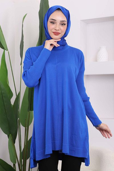 İmajButik Saks Blue Crew Neck Mercerized Casual Knitwear Tunic