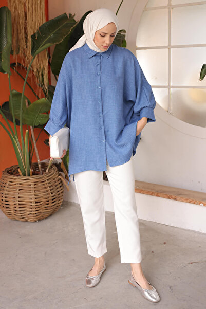 İmajButik Τονίκ με σχισμή μανίκι νυχτερίδας Indigo