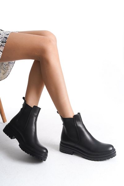 Modabuymus Kami Black Elastic Genuine Leather Daily Chelsea Boots