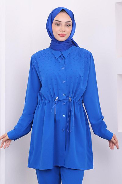 İmajButik طقم بنطال تونيك مرن بخصر أزرق من ساكس