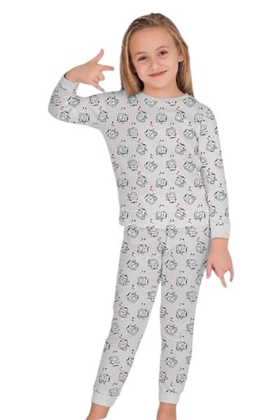 yagmurgiyim *elmp Gray Kitten 100% Cotton Girls' Pajama Set 1-9 Years 4037
