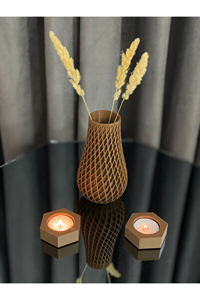 ASRIN Ev Teknolojileri Baklava Desenli Modern Vazo Ve Altıgen Mumluk 3'lü Set