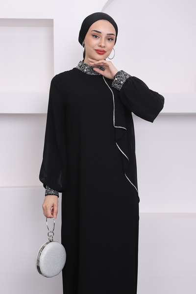 İmajButik Rochie de seara cu pietre negre - Detaliu fata