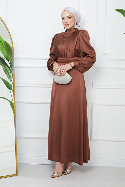 İmajButik Brown Shoulder Pleated Satin Evening Dress