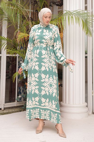 İmajButik Mint Patterned Viscose Dress - Sleeve Tied
