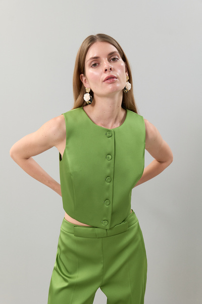 Roman Bisiklet Yaka Düğmeli Saten Yelek Yeşil K2517019_012