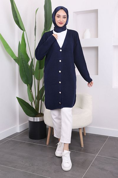 İmajButik Cardigan din tricot gofral cu nasturi bleumarin