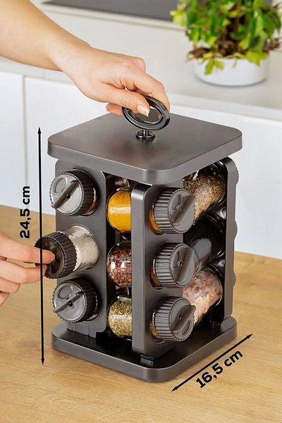 JASPER 12-Piece Gray Glass Spice Rack Set - Rotatable, 105 Cc