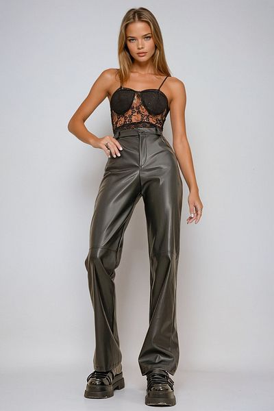 VAGGON Pantaloni Palazzo din piele artificială cu buzunare cusute la genunchi pentru femei Prm1295