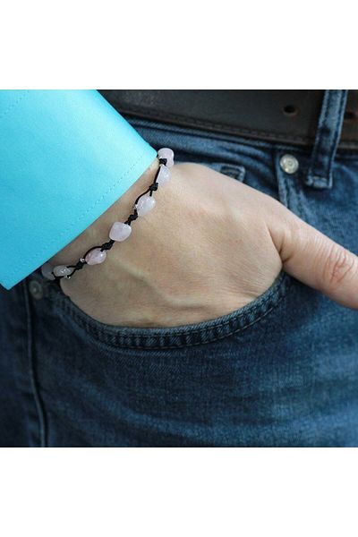 Tesbihane Macrame Braided Natural Cut Dorica Ball Detailed Pink Quartz Natural Stone Men's Bracelet