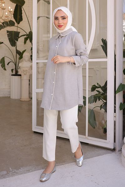 İmajButik Γκρι λινό πουκάμισο με λεπτομέρεια μπροστινού γιακά