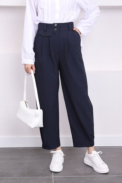 İmajButik High Waist Navy Blue Striped Fabric Trousers - Leg Detail