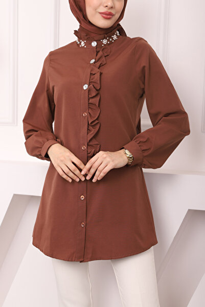 İmajButik Καφέ Ποπλίνα Τούνικ με πέτρινη λεπτομέρεια - βολάν γιακά