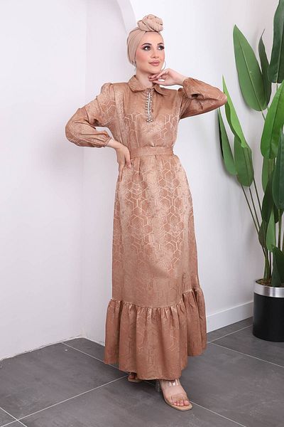 İmajButik Stone Detailed Biscuit Collar Jacquard Dress
