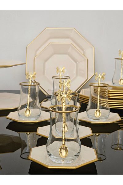 atabey home collection طقم تقديم شاي كيك مكون من 31 قطعة من الزجاج الذهبي الكريمي لـ 6 أشخاص