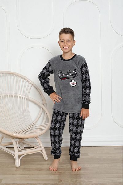 yagmurgiyim Minimally Smoked Baseball Embroidered Fleece Pajamas Set for Boys 5-16 Years 0305-2203-F