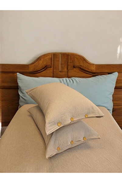 CollessiaHome Double Washed Linen Pillow Wooden Button Fitted Sheet Set Sheet Set - 180X200 cm