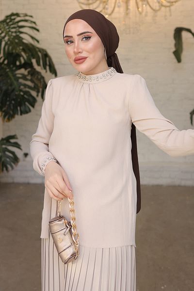 İmajButik Beige Collar Sleeve Jewelled Pleated Skirt Set