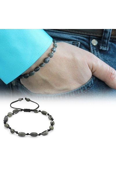 Tesbihane Macrame Braided Natural Cut Labradorite Natural Stone Men's Bracelet