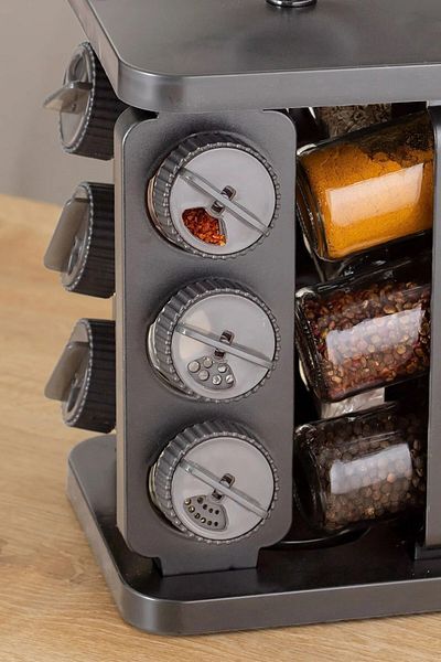 JASPER 12-Piece Gray Glass Spice Rack Set - Rotatable, 105 Cc