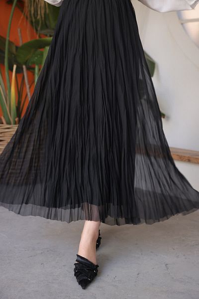 İmajButik Black Waist Elastic Pleated Long Tulle Skirt