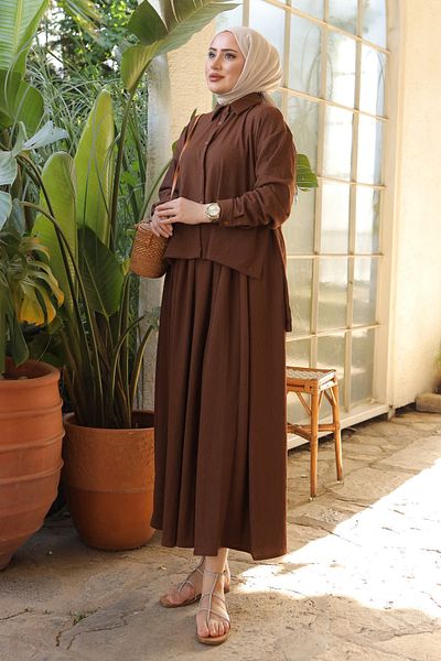 İmajButik Καφέ Μπροστινό Κοντό Πίσω Φούστα Μακριά Ζαρωμένο Σετ