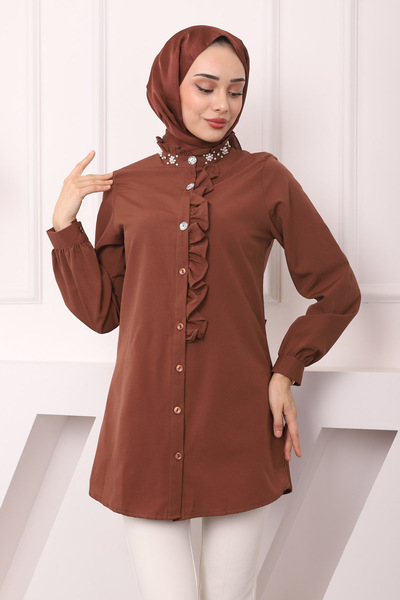 İmajButik Καφέ Ποπλίνα Τούνικ με πέτρινη λεπτομέρεια - βολάν γιακά