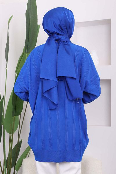 İmajButik Saks Blue Crew Neck Mercerized Casual Knitwear Tunic
