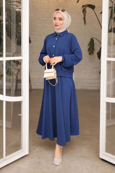 İmajButik Dark Blue Button Detailed Skirted Set