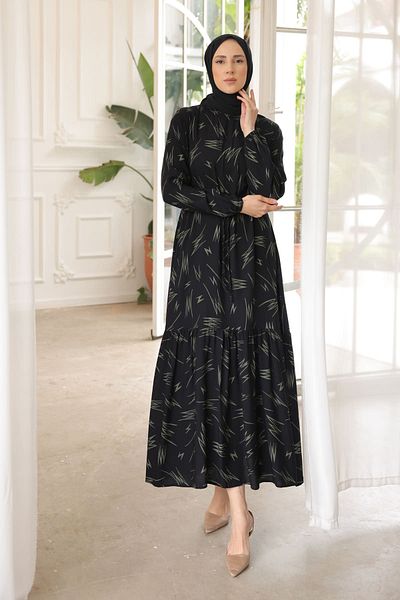 İmajButik Folded Sleeve Elastic Patterned Viscon Dress with Khaki Skirt