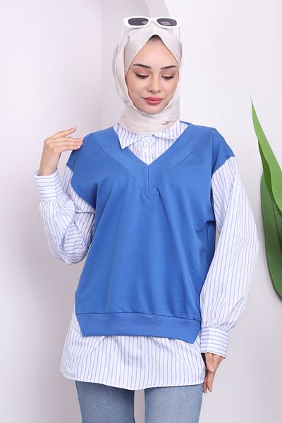 İmajButik Saks Μπλε πουκάμισο με γαρνιρισμένο πουλόβερ