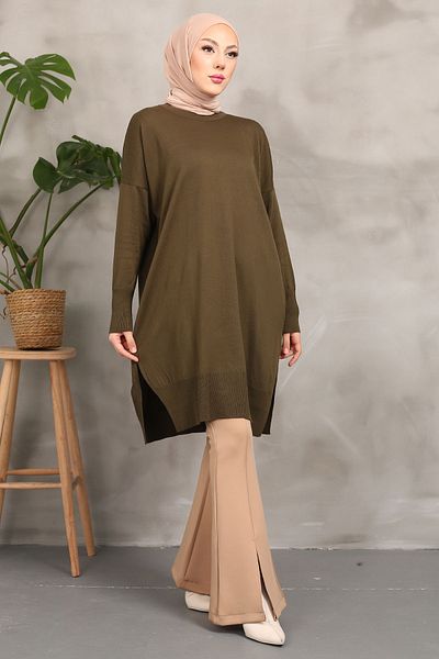İmajButik Tunica de tricotaj casual mercerizata kaki cu decolteu