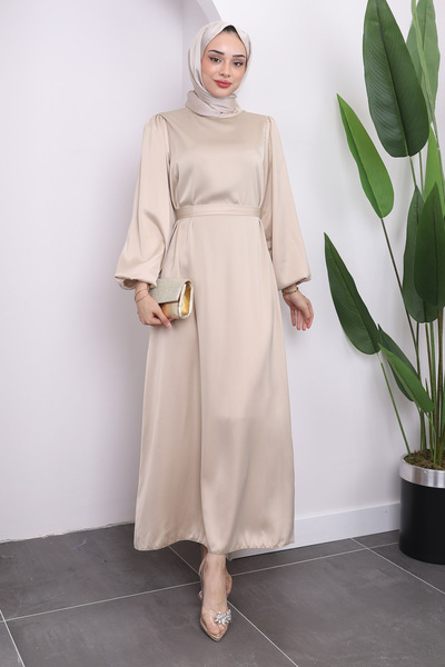 İmajButik Бежеве атласне вечірнє плаття - з коміром-стійкою та рукавами-ліхта...