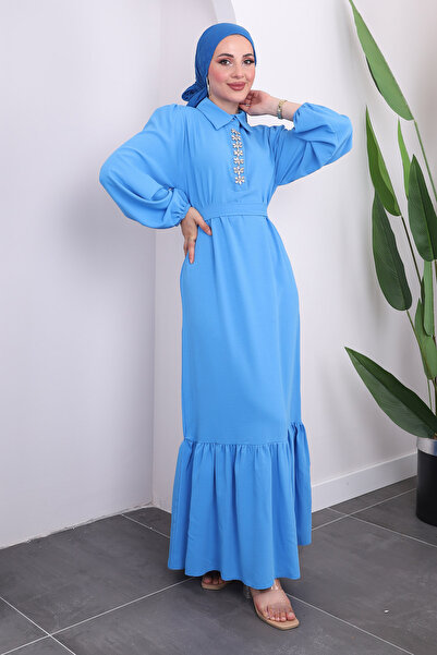 İmajButik Mavi Yaka Taşlı Eteği Katlı Elbise