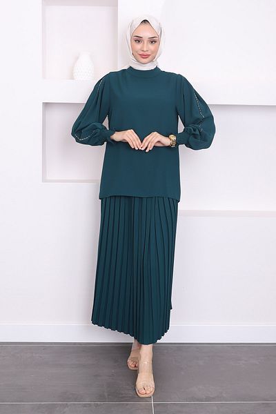 İmajButik Σετ Πουκάμισο & Φούστα Σμαραγδένιο Πράσινο - Με Λεπτομέρεια Μανίκι