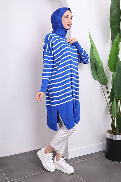 İmajButik Saks Μπλε ριγέ πλεκτό τουνίκ Mercerized