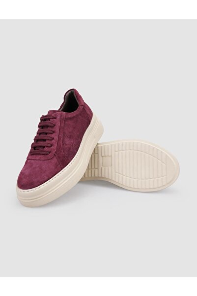 Cabani %100 Hakiki Deri Bordo Süet Bağcıklı Kadın Spor Ayakkabı