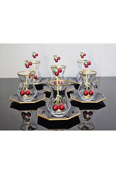 atabey home collection طقم شاي كرز أسود مكون من 18 قطعة من أطلس مع كوب شاي كرز مع ملعقة