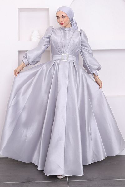 İmajButik Βραδινό φόρεμα με γκρι ντραπέ μανίκι με μπαλόνι