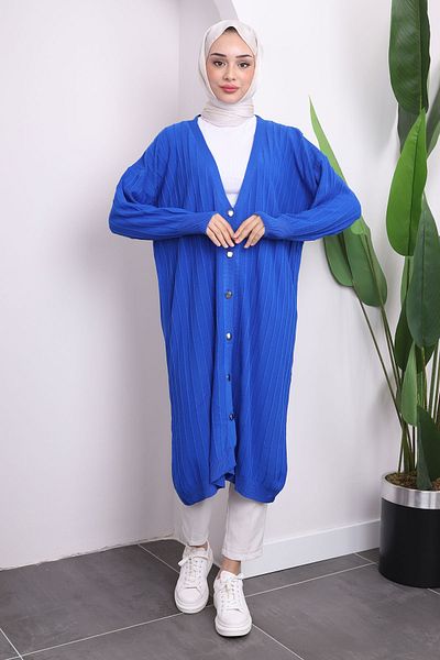 İmajButik Saks Blue Buttoned Long Knitwear Mercerized Cardigan