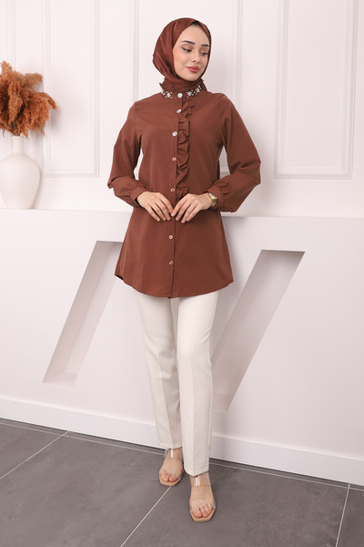 İmajButik Καφέ Ποπλίνα Τούνικ με πέτρινη λεπτομέρεια - βολάν γιακά