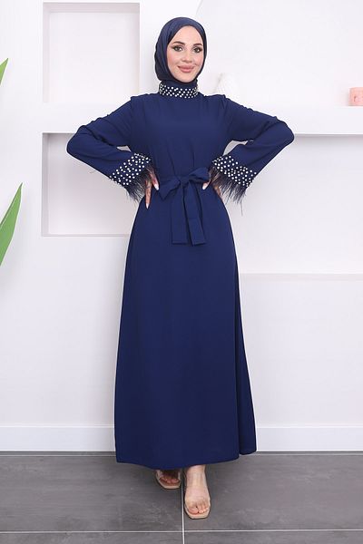 İmajButik Βραδινό φόρεμα με μανίκια με πέτρες Navy Blue
