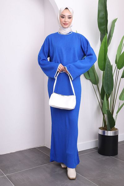 İmajButik Saks Blue Knitwear Crop Φόρεμα Διπλό Σετ