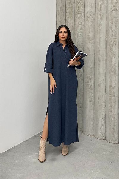 Ortaya Çık Πλεκτό μακρύ πλεκτό φόρεμα Navy Blue με σκίσιμο