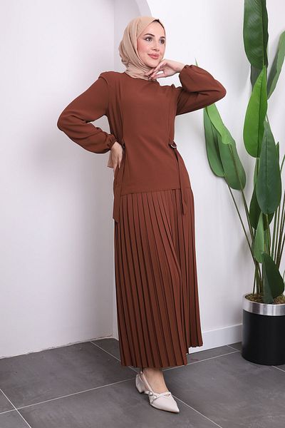 İmajButik Brown Side Detailed Blouse Pleated Skirt Set