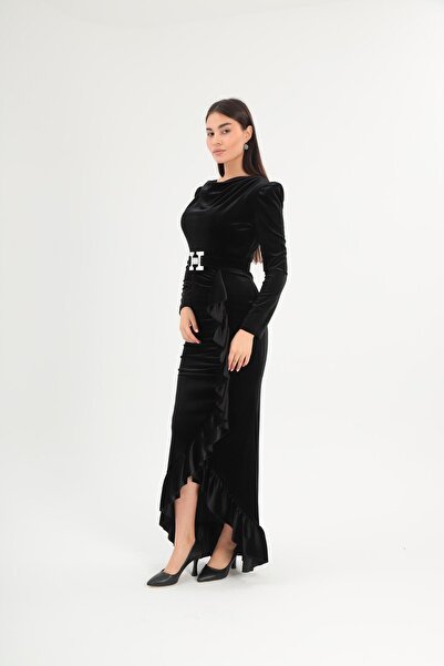 Aperla Degaje Yaka Eteği Fırfır Volan Detaylı Çıkarılabilir Kemerli Uzun Kollu Kadife Abiye Elbise